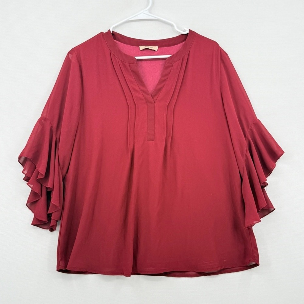 Timeson Blouse Top Women Large Burgundy Ruffle Sleeve Pleated Romantic Coquette